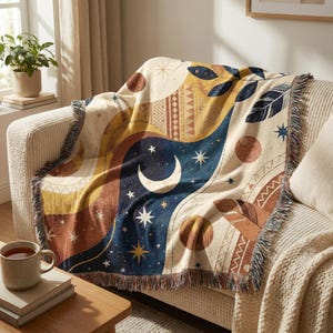 Boho Moon Woven Cotton Blanket, Fringed Throw