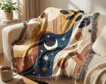 Manta de algodón tejida Boho Moon con flecos