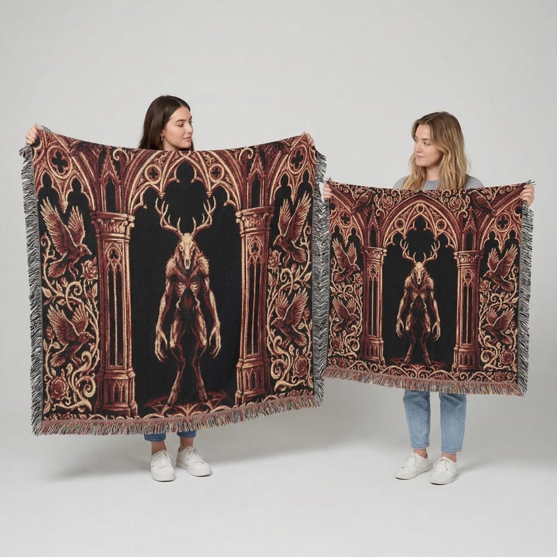 Wendigo Woven Blanket, Dark Gothic Tapestry Throw, Cryptid Monster Blanket, Occult Horror Decor, Gothic Wall Tapestry, Dark Fantasy Throw image 7