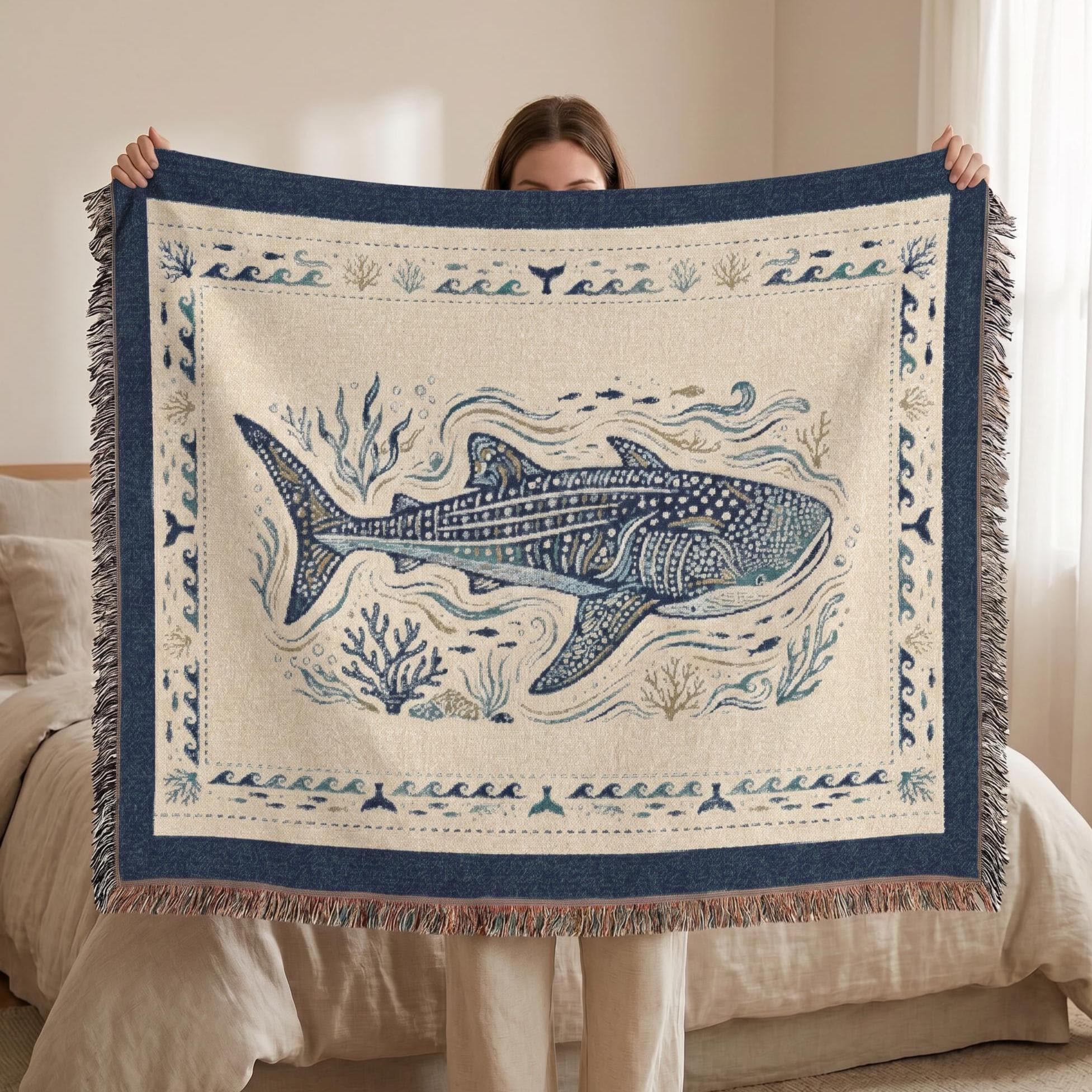Whale Shark Woven Blanket, Original Coastal Throw Blanket, Ocean Decor, Nautical Cotton Blanket, Beach House Decor, Whale Shark Lover Gift
