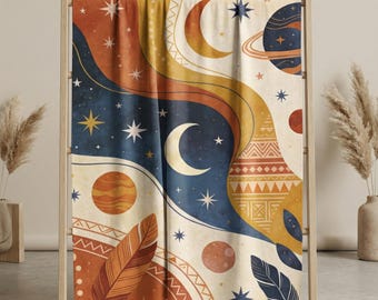Mond und Planeten Plüschdecke, Boho Samt Überwurf, Celestial Decor, Astrologie Bettwäsche, Boho Home Geschenk