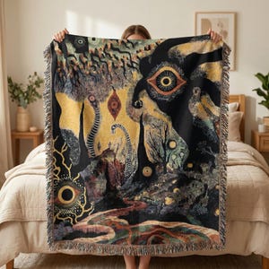 Abstract Woven Blanket, Surreal Gothic Throw Blanket, Dark Fantasy Cotton Tapestry, Psychedelic Wall Art Blanket, Unique Home Decor