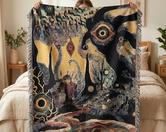 Abstract Woven Blanket, Surreal Gothic Throw Blanket, Dark Fantasy Cotton Tapestry, Psychedelic Wall Art Blanket, Unique Home Decor