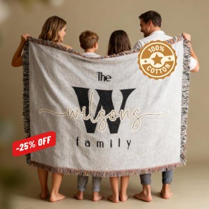 パーソナライズされた家族の名前の織りスローブランケット、カスタムモノグラム