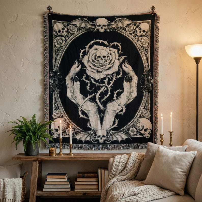 Donkerromantisch gotisch tapijtdeken, Skull Rose vintage, gotisch geweven deken afbeelding 2