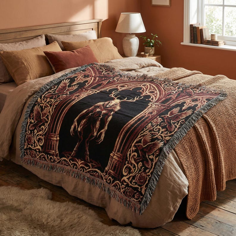 Wendigo Woven Blanket, Dark Gothic Tapestry Throw, Cryptid Monster Blanket, Occult Horror Decor, Gothic Wall Tapestry, Dark Fantasy Throw image 2