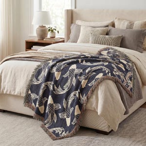 Koi Fish Woven Blanket Throw, Japanese Koi Blanket, Cottagecore Fish Tapestry, Aesthetic Throw Blanket, Unique Home Decor Gift