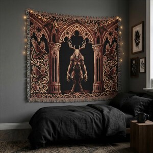 Wendigo Woven Blanket, Dark Gothic Tapestry Throw, Cryptid Monster Blanket, Occult Horror Decor, Gothic Wall Tapestry, Dark Fantasy Throw image 8