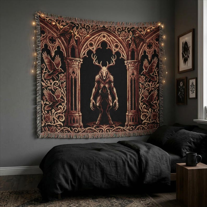 Wendigo Woven Blanket, Dark Gothic Tapestry Throw, Cryptid Monster Blanket, Occult Horror Decor, Gothic Wall Tapestry, Dark Fantasy Throw image 8