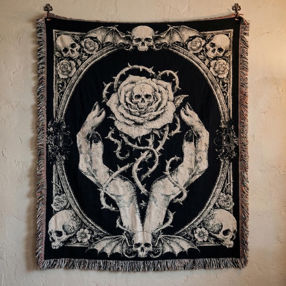 Dark Romantic Gothic Tapestry Throw, Skull Rose Vintage, Gothic Woven Blanket