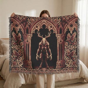 Wendigo Woven Blanket, Dark Gothic Tapestry Throw, Cryptid Monster Blanket, Occult Horror Decor, Gothic Wall Tapestry, Dark Fantasy Throw image 4