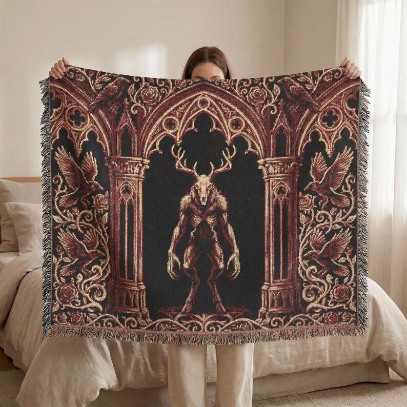 Wendigo Woven Blanket, Dark Gothic Tapestry Throw, Cryptid Monster Blanket, Occult Horror Decor, Gothic Wall Tapestry, Dark Fantasy Throw image 4
