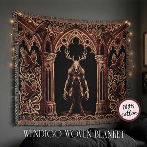 Wendigo Woven Blanket, Dark Gothic Tapestry Throw, Cryptid Monster Blanket, Occult Horror Decor, Gothic Wall Tapestry, Dark Fantasy Throw image 1