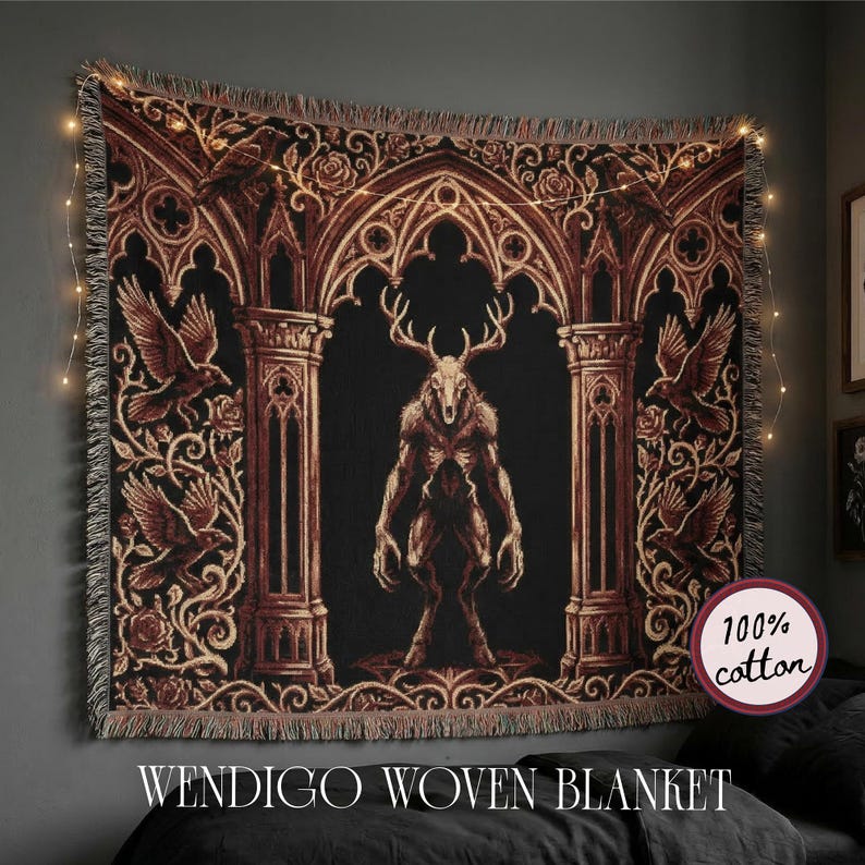 Wendigo Woven Blanket, Dark Gothic Tapestry Throw, Cryptid Monster Blanket, Occult Horror Decor, Gothic Wall Tapestry, Dark Fantasy Throw image 1