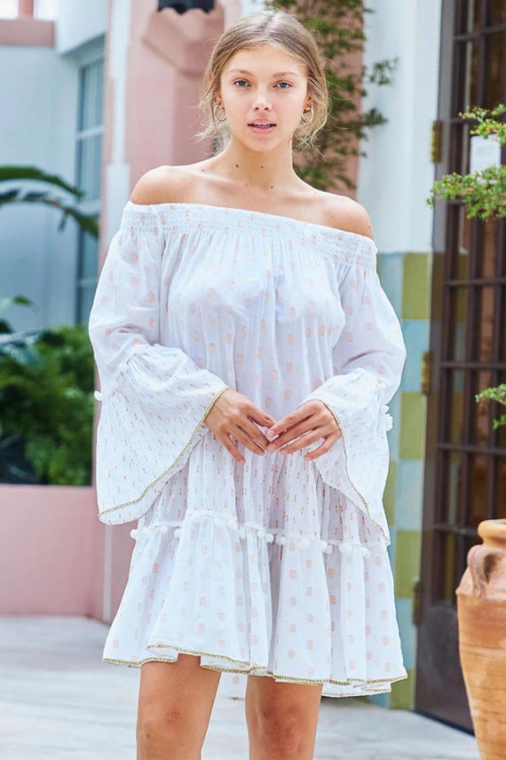 DEBBIE KATZ Bea Dress White, 100% Cotton Boho Mini Dress, Off Shoulder Tiered Summer Outfit, Smocked Neckline Resort Wear DEBBIE KATZ Bea Dress White, 100% Cotton Boho Mini Dress, Off Shoulder Tiered Summer Outfit, Smocked Neckline Resort Wear