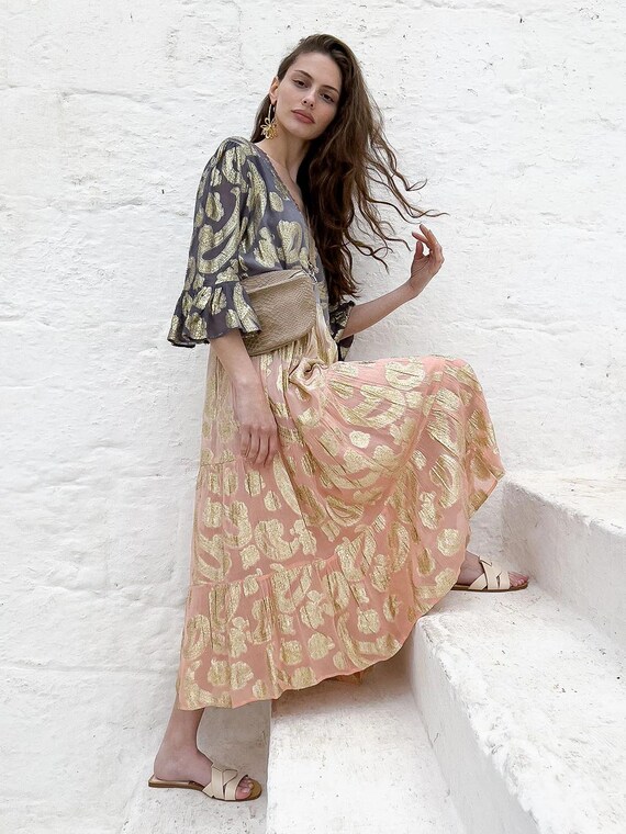 Debbie Katz Taylor Dress, Boho Viscose Midi Dress with Lurex Embroidery, Tiered Skirt Gypset Style, 3/4 Sleeve Day to Night Outfit