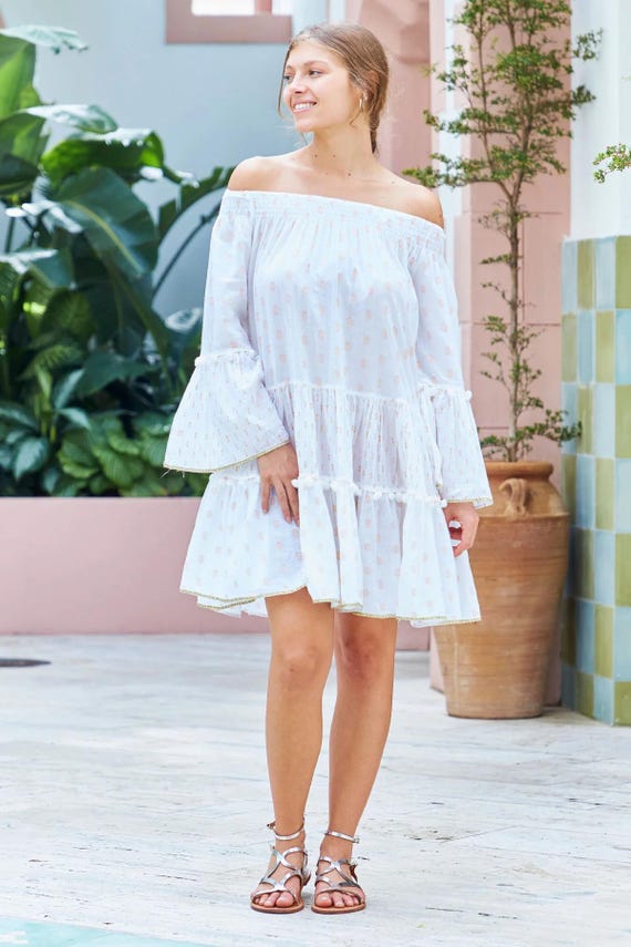 DEBBIE KATZ Bea Dress White, 100% Cotton Boho Mini Dress, Off Shoulder Tiered Summer Outfit, Smocked Neckline Resort Wear DEBBIE KATZ Bea Dress White, 100% Cotton Boho Mini Dress, Off Shoulder Tiered Summer Outfit, Smocked Neckline Resort Wear