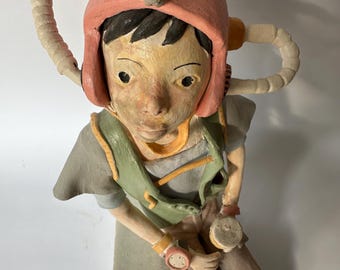 Handmade Ceramic Figurine Sculpture, Whimsical Character Art, Storytelling Ceramic Statue