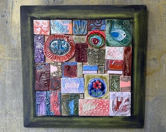 Framed Wall Sculpture, Green Wood I Handmade Ceramic Tile Mosaic