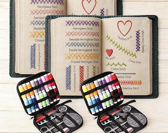 Kit de bordado de 2 piezas, kit de costura portátil, kit completo de herramientas y 106 patrones tutoriales.
