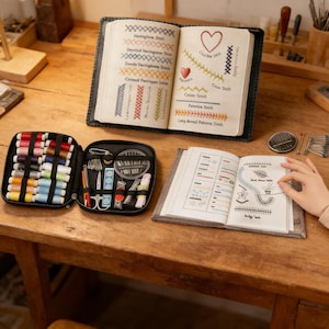 May include: An open black leather-bound book displaying various embroidery stitches, with a heart and text. A black zippered case holds spools of thread and sewing tools. A second open book shows a hand working on a design. The items are on a wooden table.