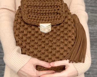 Handmade Crochet Cotton Big Handbag, Boho Knitted Purse with Handle & Tassel, Custom Color Gift for Her