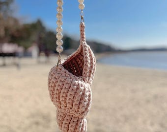 Handmade Crochet Shell Bag with Two Straps - Pearl Handle & Woven Strap | Boho Beach Bag for Summer Photo Shoots