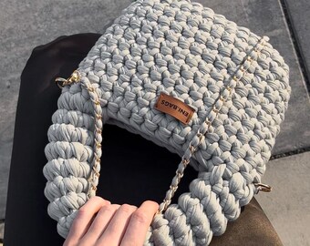 Chunky Crochet Bag, Handmade Knitted Shoulder Bag, Minimalist Gray Crossbody Bag, Modern Gift for Her