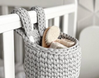 Baby Crib Hanging Organizer – Crochet Storage Basket on buttons, Cotton Crib Basket
