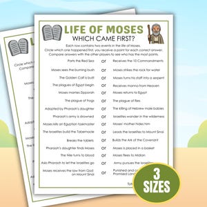 Könnte beinhalten: Lehrreiche Spielbögen mit dem Titel "Das Leben des Moses", die eine Liste von Ereignissen zur Reihenfolge enthalten. Die Bögen enthalten Illustrationen von Moses und den Zehn Geboten. Das Spiel ist in drei Größen erhältlich.