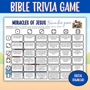 Könnte beinhalten: Ein weißes Blatt mit dem Titel BIBLE TRIVIA GAME, das ein Raster für ein Würfelspiel zu den Wundern Jesu zeigt. Das Raster enthält fünfunddreißig nummerierte Kästchen mit Fragen, die den Würfelkombinationen entsprechen, sowie eine Illustration.
