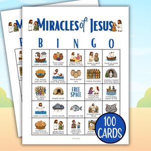 Może przedstawiać: Zestaw kart do gry w bingo Miracles of Jesus z siatką ilustracji przedstawiających sceny biblijne z etykietami tekstowymi. Tytuł Miracles of Jesus znajduje się na górze w kolorze niebieskim, a niebieska okrągła odznaka wskazuje 100 cards.
