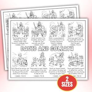 Puede incluir: Páginas para colorear ilustradas en blanco y negro que representan la historia bíblica de David y Goliat. Las páginas incluyen texto de 1 Samuel, con ilustraciones de escenas clave. El producto está disponible en dos tamaños.