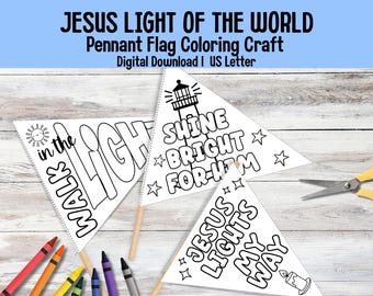 Jesus Light of the World Pennant Flag Bible Coloring Craft Printable, Sunday School Cut and Paste Bible Craft Vacation Bible School Activity