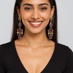 Ruby Red Temple Earrings | Indian Bridal Dangler Jewelry Handcrafted Ethnic Jewelry for Weddings