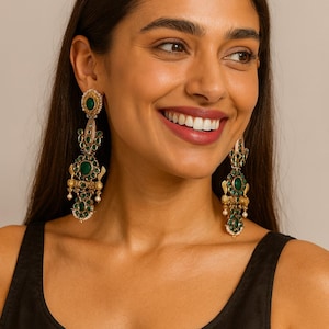Emerald Green Dangler Earrings | Indian Temple Jewelry Handcrafted Ethnic Jewelry for Weddings