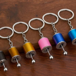 Könnte beinhalten: Sechs Schlüsselanhänger mit einem Schalthebel-Design. Jeder Schlüsselanhänger hat einen unterschiedlich farbigen Zylinder: schwarz, gold, rosa, blau und zwei Gold- und Blautöne. Die Schlüsselanhänger sind an silbernen Schlüsselringen befestigt.