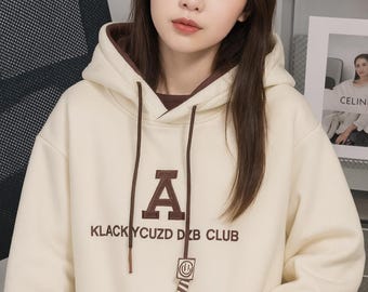 Retro American Letter Hoodie für Frauen, Y2K Lockeres Sweatshirt, lässiges Preppy gesticktes Langarmshirt, einfacher Vintage-Stil