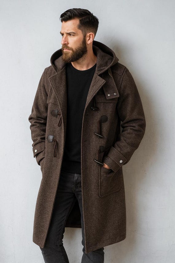 Herbst Winter Herren Wollmantel Mit Kapuze Graben Lange Outwear