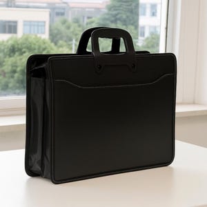 May include: A black briefcase with a handle and a rectangular shape. The briefcase has a handle on top and a pocket on the side. The edges are stitched with white thread. The briefcase is sitting on a white surface.