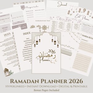 Puede incluir: Un conjunto de planificadores imprimibles del Ramadán para 2026, con páginas para el seguimiento diario, objetivos y tareas del Corán. El diseño incluye elementos decorativos como linternas y medias lunas, con el texto "Ramadan Planner 2026" en escritura elegante.