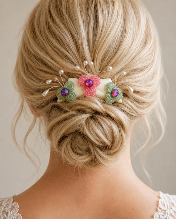 Vintage Hair Comb with Beaded Flowers and Crystals – Handmade Pink and Turquoise Floral Hair Accessory
