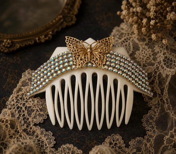Elegant Vintage Hair Comb with Iridescent Rhinestones and Brass Butterfly – Handmade One-of-a-Kind French Hair Accessory