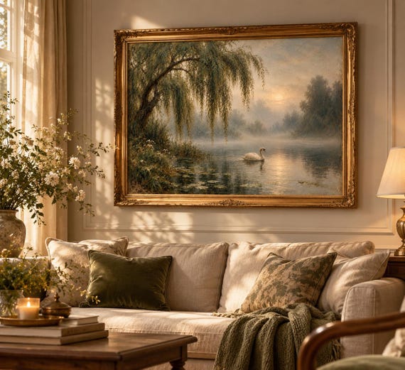 Romantic Swan Lake Art Print – Vintage Landscape on Museum-Quality Paper