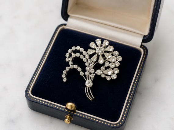Vintage Rhinestone Flower Brooch | Clear Glass Floral Bouquet Pin | Silver Tone Mid Century Jewelry | 1950s Style Statement Brooch