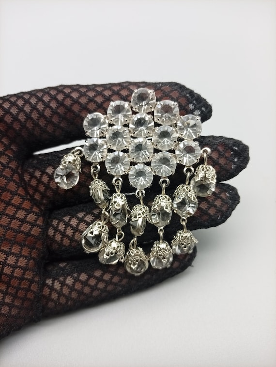 Vintage Clear Rhinestone Dangle Brooch – Art Deco Style Bridal Brooch – Wedding Jewelry – Collectible Costume Jewelry
