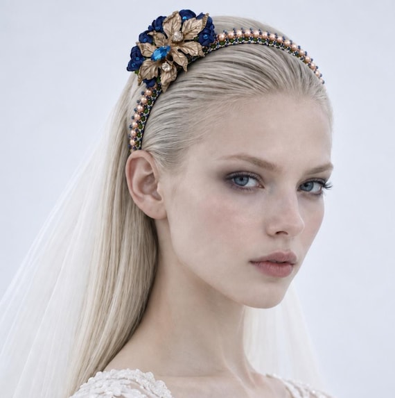 Elegant Handmade Bridal Headband with Pearls, Blue Crystals / Vintage Details