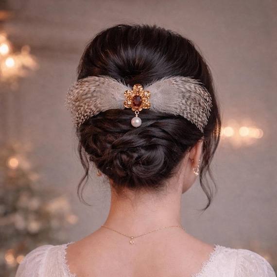 Vintage Hair Comb with Light Pheasant Feathers, Golden Crystal Brooch & Pearl
