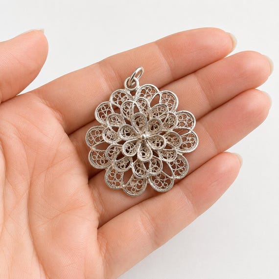 Vintage Silver Filigree Pendant Handmade Floral Jewelry | Antique Style Silver Pendant | Collectible Gift for Her