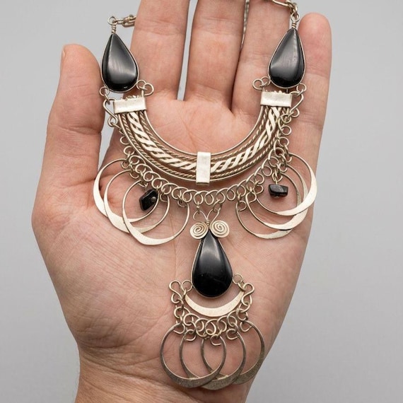 Vintage Peruvian Alpaca Silver Necklace with Onyx , Ethnic Boho, 1980s–1990s